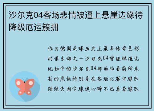 沙尔克04客场悲情被逼上悬崖边缘待降级厄运簇拥